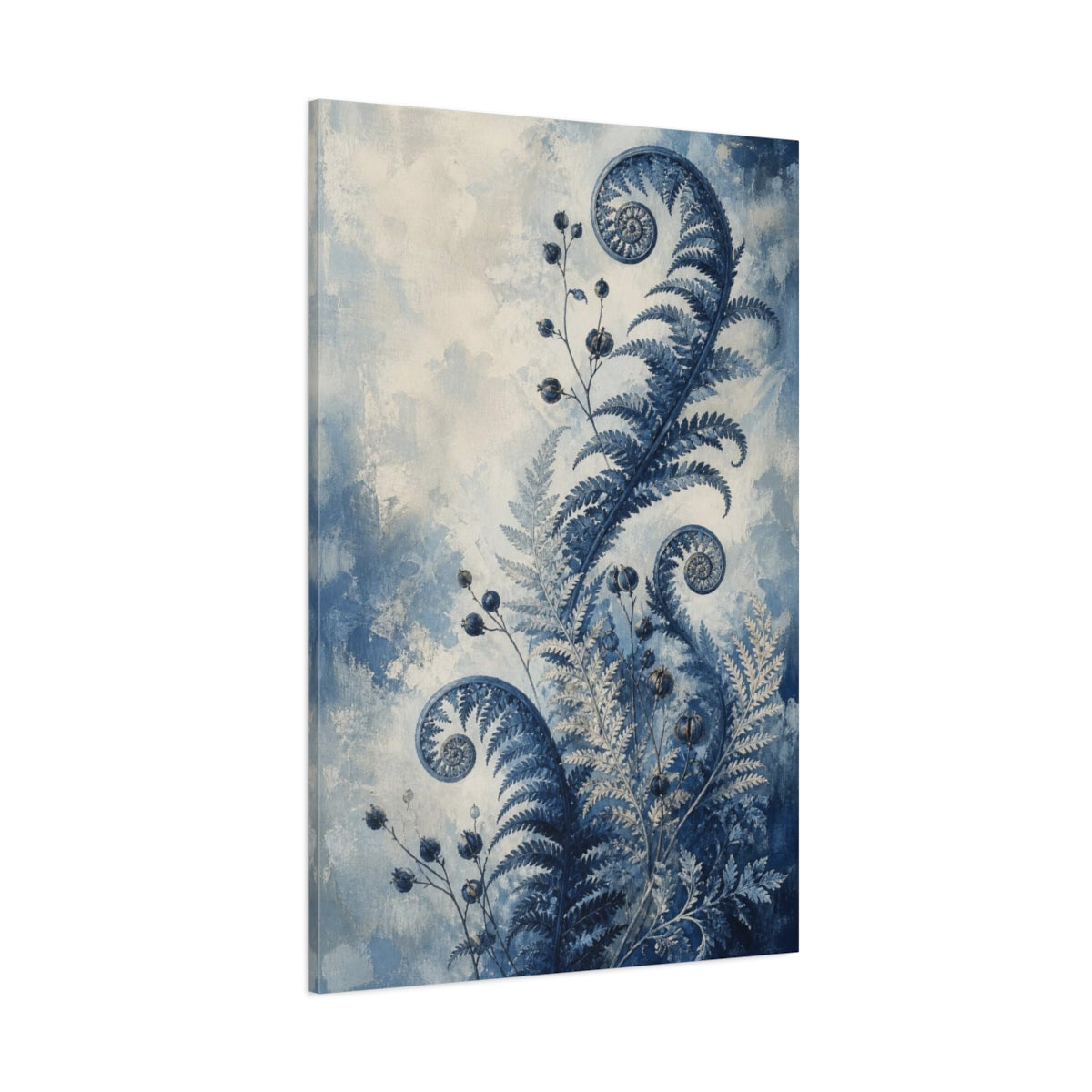 Side Mockup 1. Indigo Fern Fiddleheads shown as canvas print