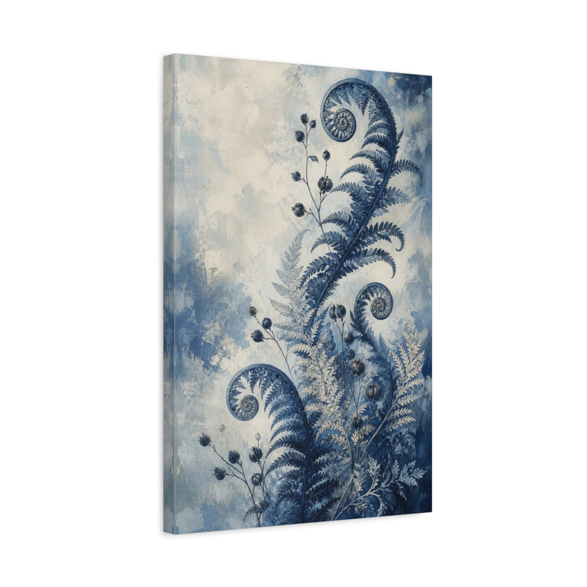 Side Mockup 3. Indigo Fern Fiddleheads shown as canvas print