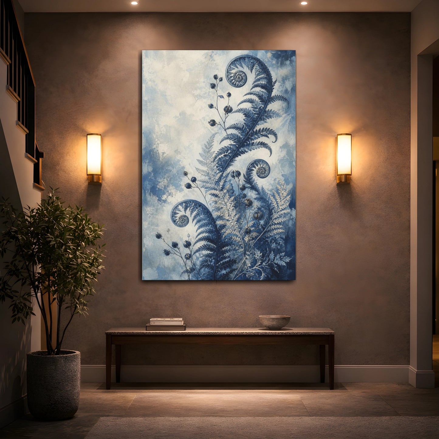 Mockup 2. Indigo Fern Fiddleheads shown as canvas print