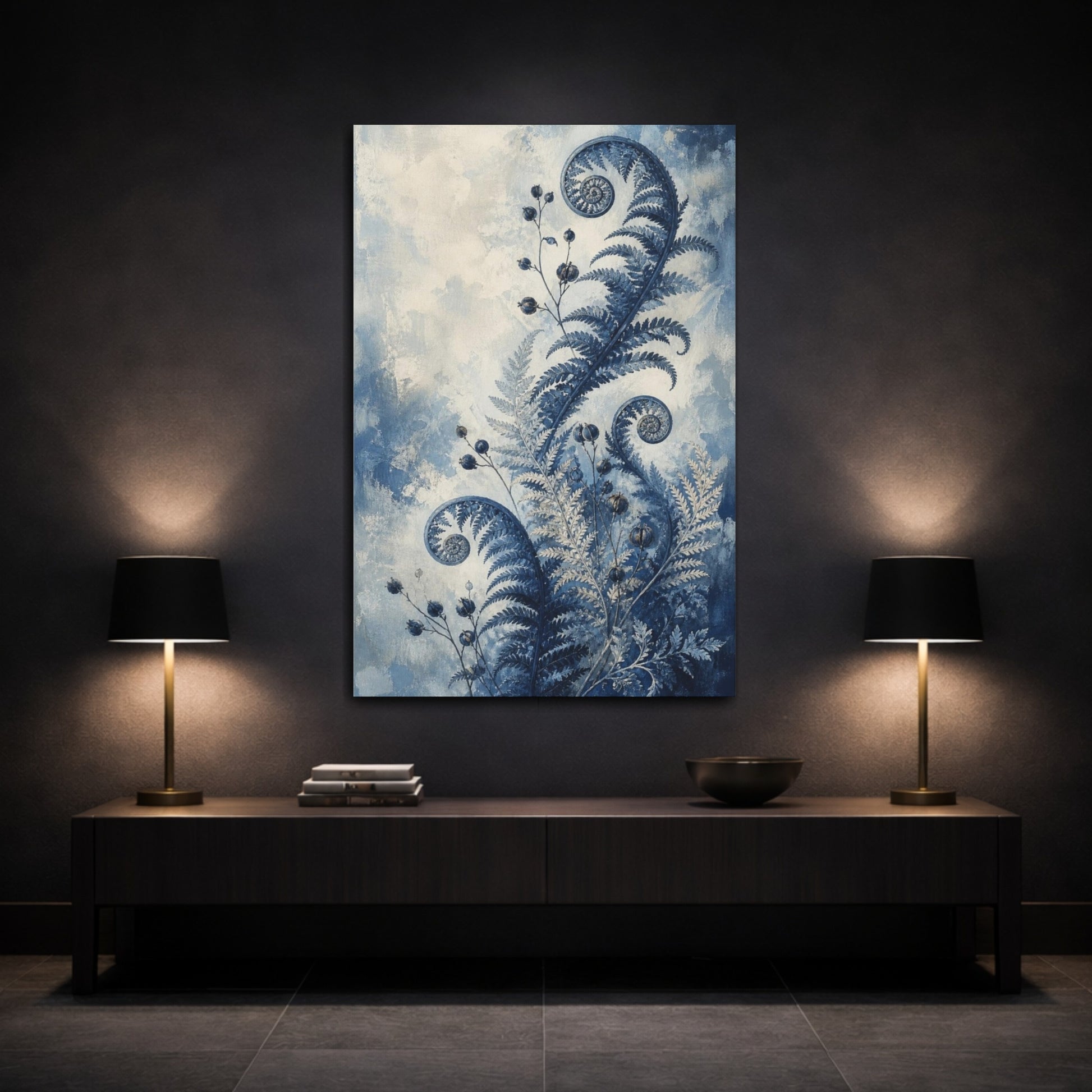 Mockup 3. Indigo Fern Fiddleheads shown as canvas print