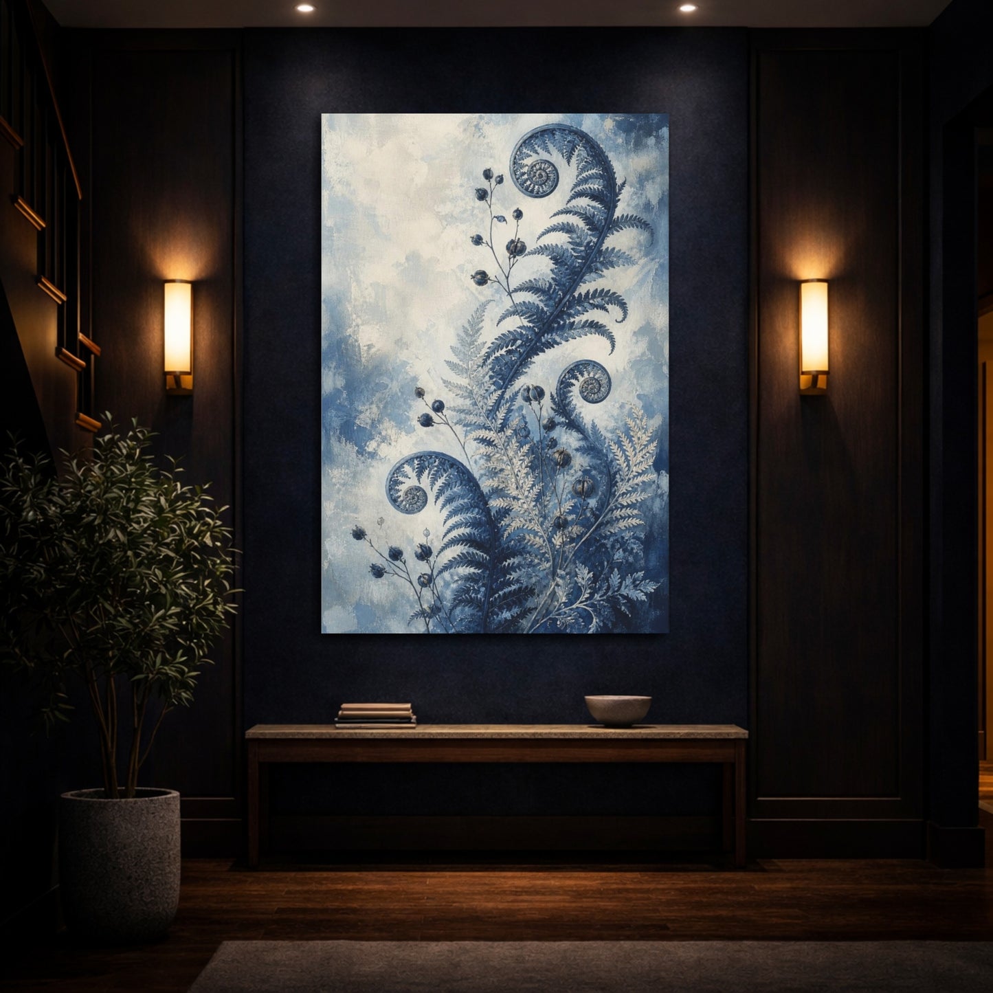 Mockup 4. Indigo Fern Fiddleheads shown as canvas print