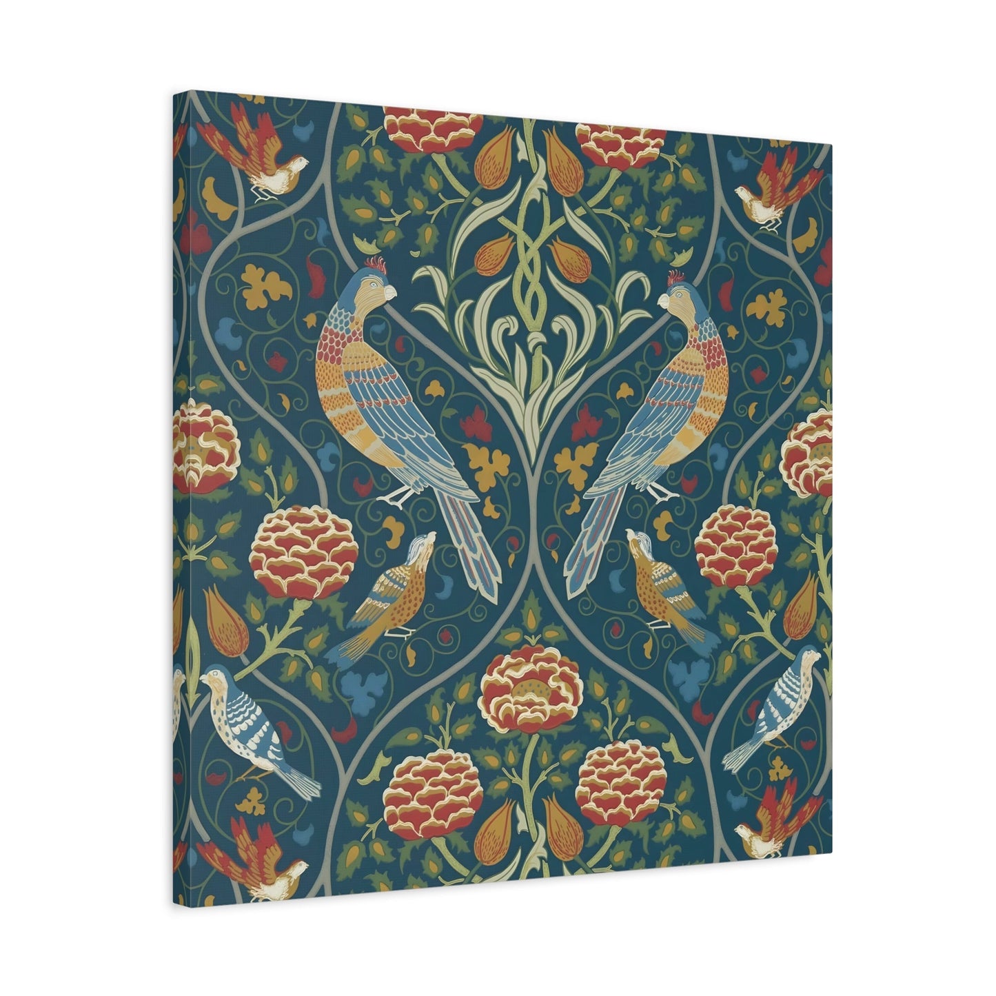 Indigo Floral Home Decor - William Morris Parakeets, Roses, and Tulips Framed Canvas Wall Art Prints