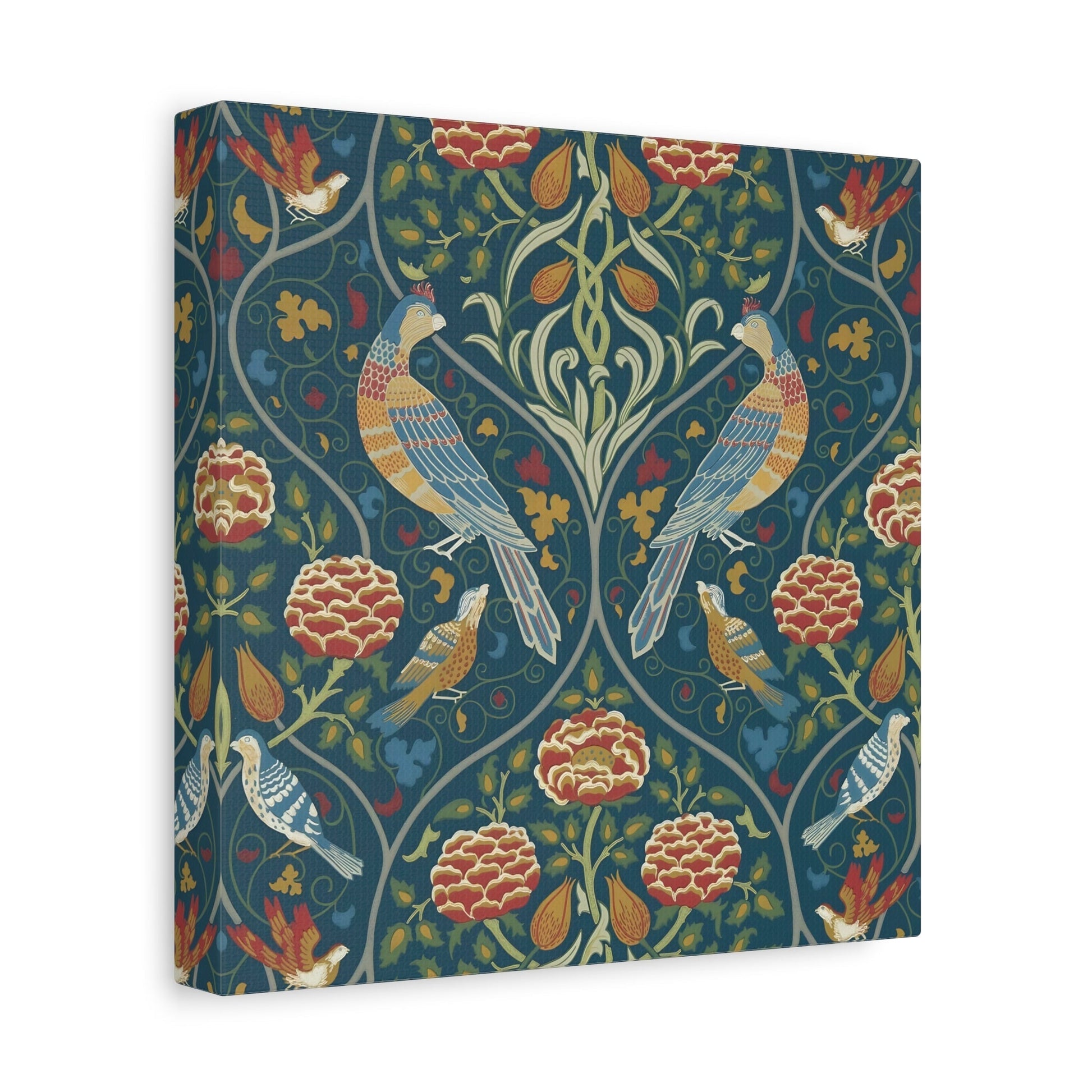 Indigo Floral Home Decor - William Morris Parakeets, Roses, and Tulips Framed Canvas Wall Art Prints