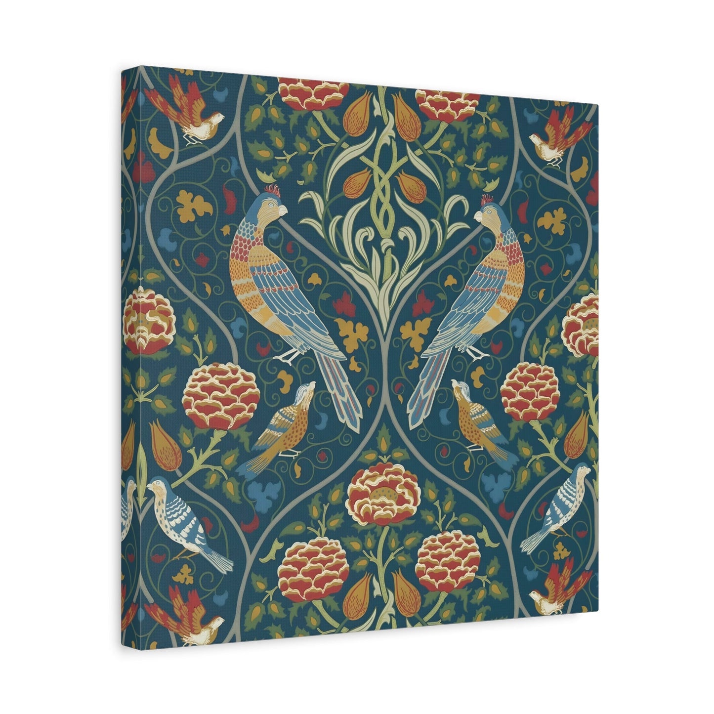 Indigo Floral Home Decor - William Morris Parakeets, Roses, and Tulips Framed Canvas Wall Art Prints