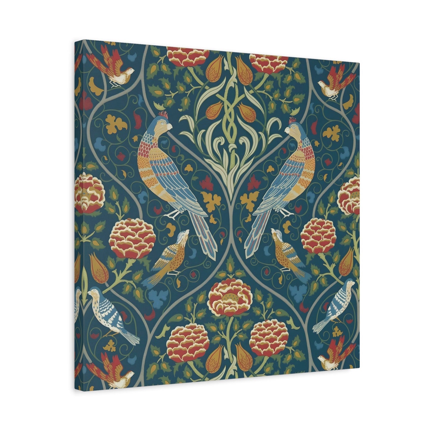 Indigo Floral Home Decor - William Morris Parakeets, Roses, and Tulips Framed Canvas Wall Art Prints