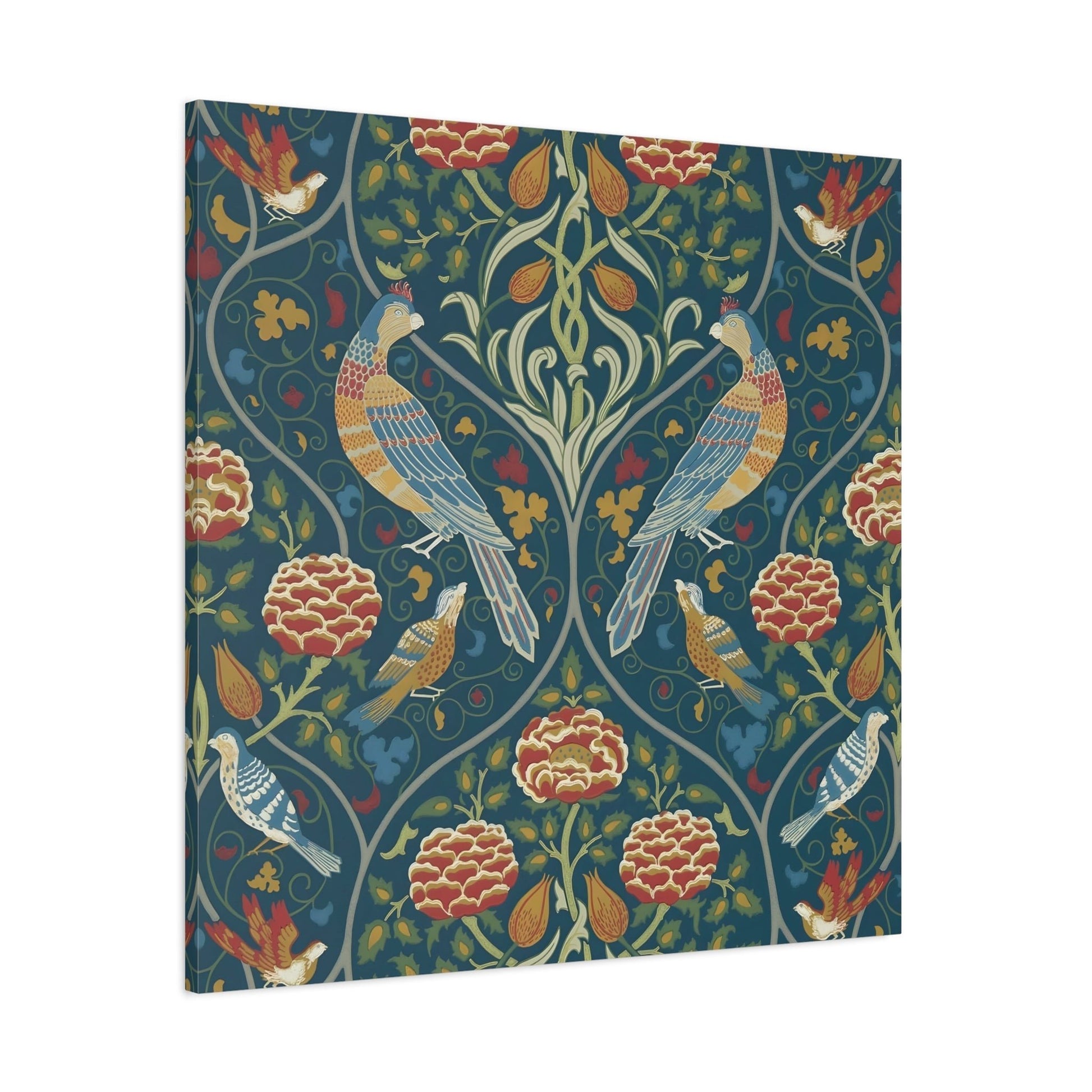 Indigo Floral Home Decor - William Morris Parakeets, Roses, and Tulips Framed Canvas Wall Art Prints