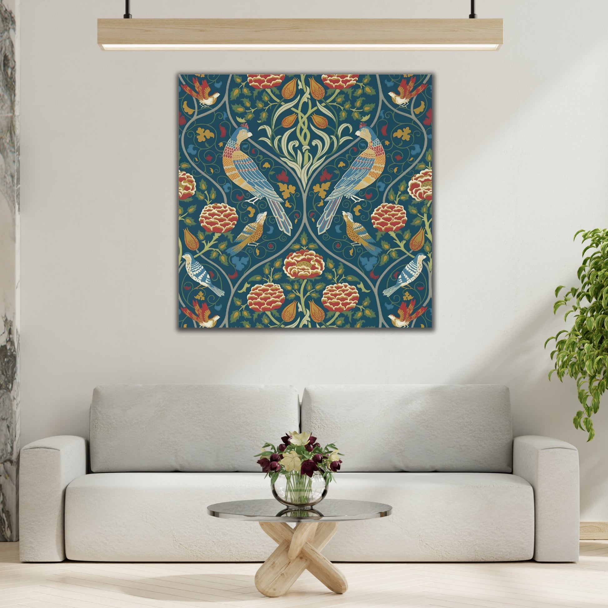 Indigo Floral Home Decor - William Morris Parakeets, Roses, and Tulips Framed Canvas Wall Art Prints