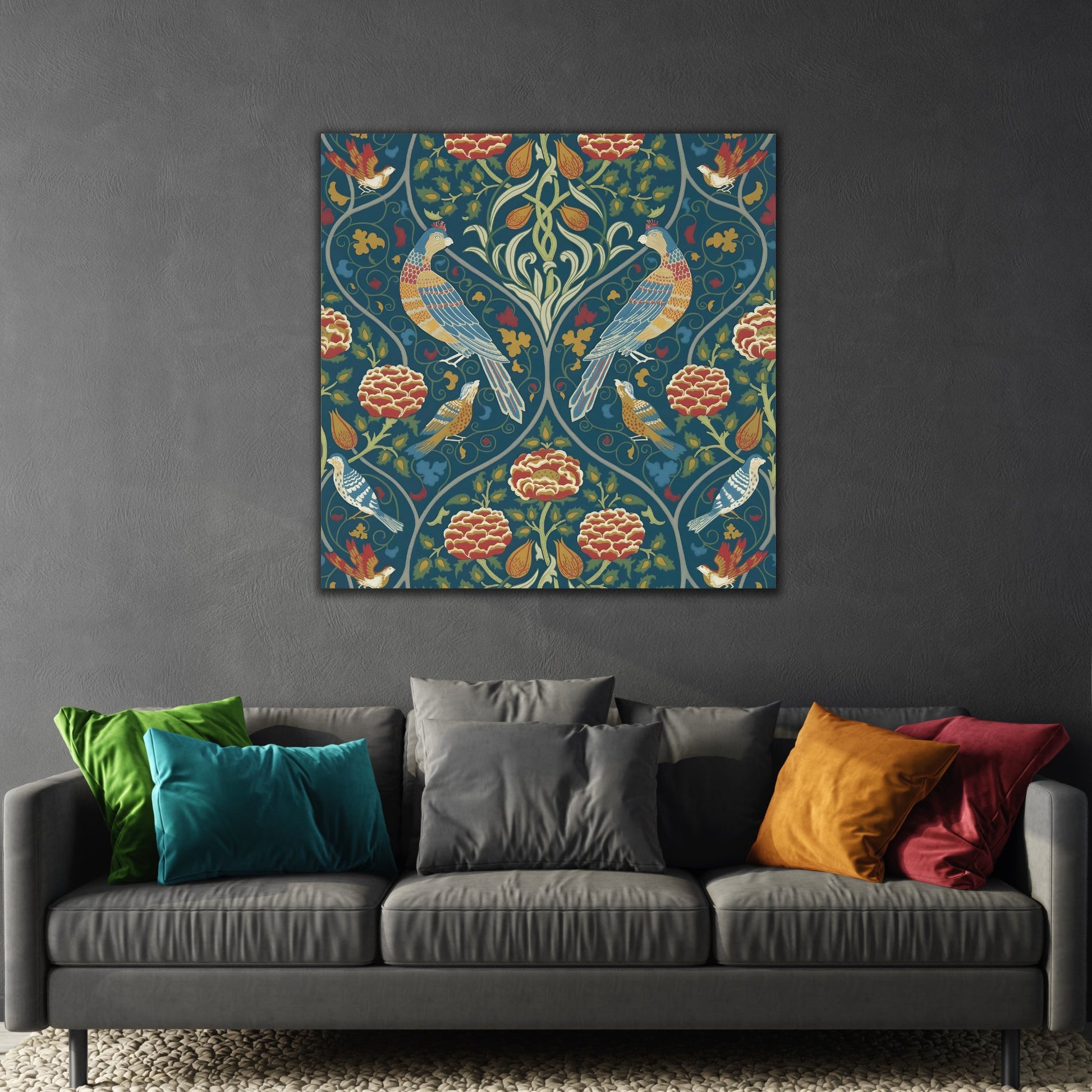 Indigo Floral Home Decor - William Morris Parakeets, Roses, and Tulips Framed Canvas Wall Art Prints