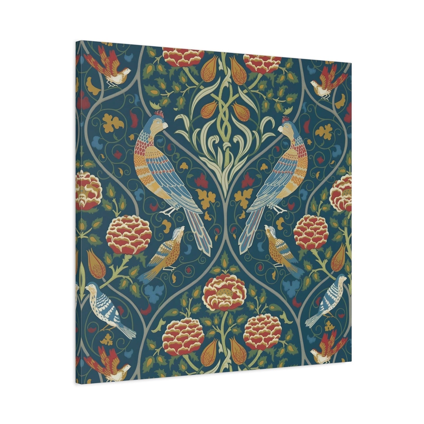 Indigo Floral Home Decor - William Morris Parakeets, Roses, and Tulips Framed Canvas Wall Art Prints