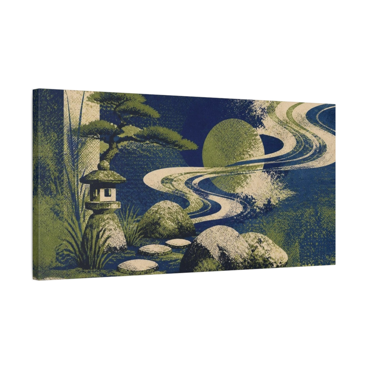 Side Mockup 1. Indigo Garden Stones shown as canvas print