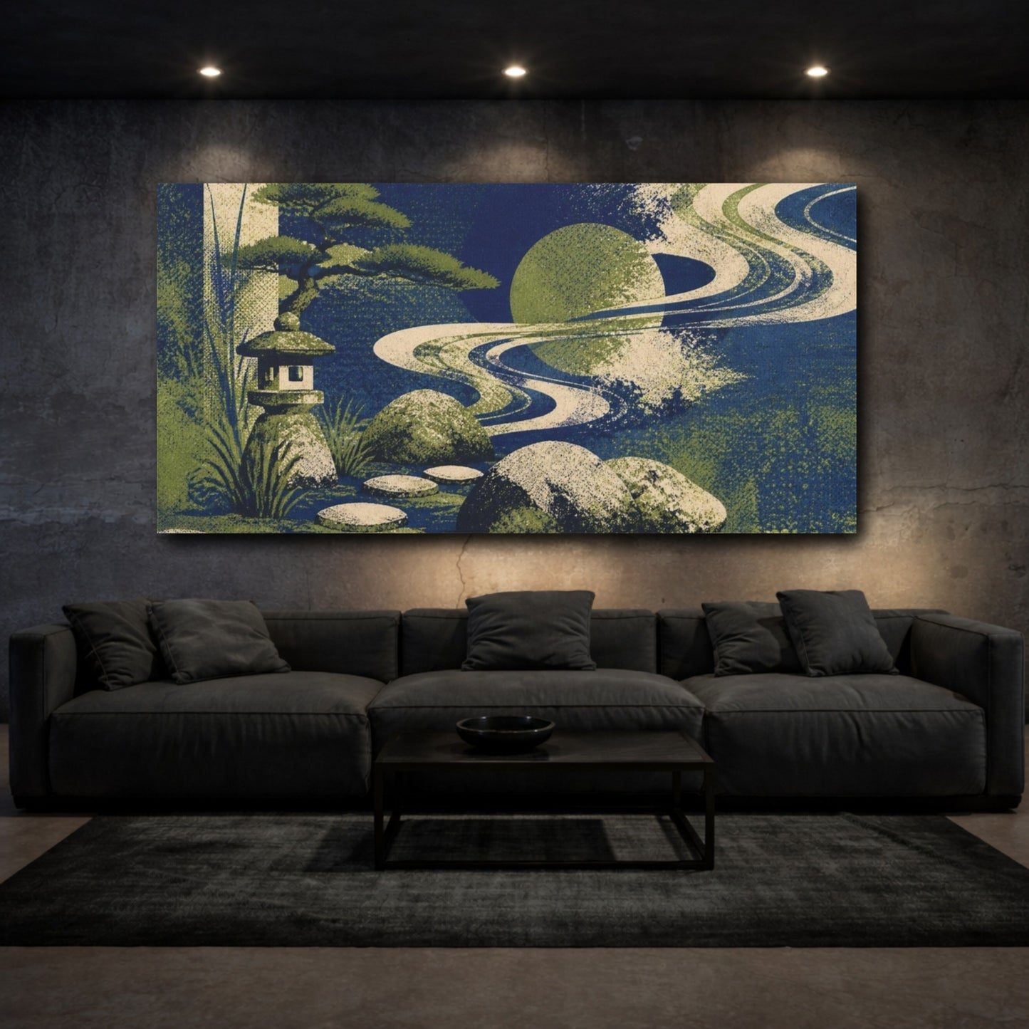 Mockup 3. Indigo Garden Stones shown as canvas print