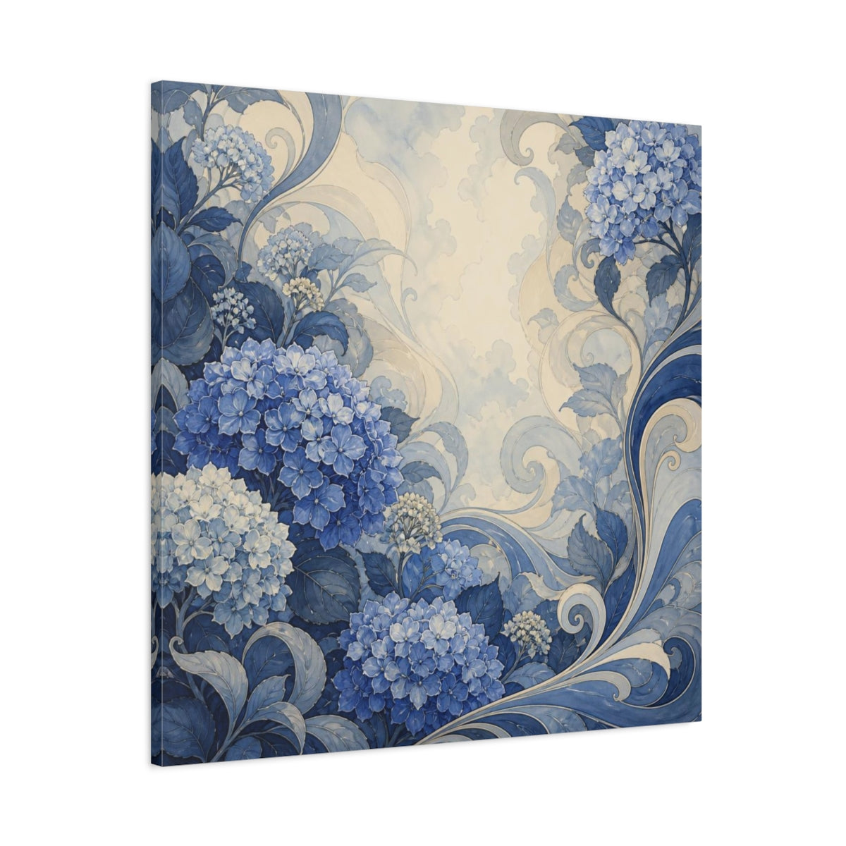 Main Mockup. Indigo Hydrangea Garden shown as canvas print