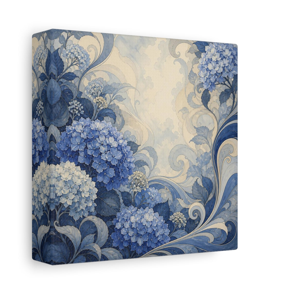 Side Mockup 2. Indigo Hydrangea Garden shown as canvas print