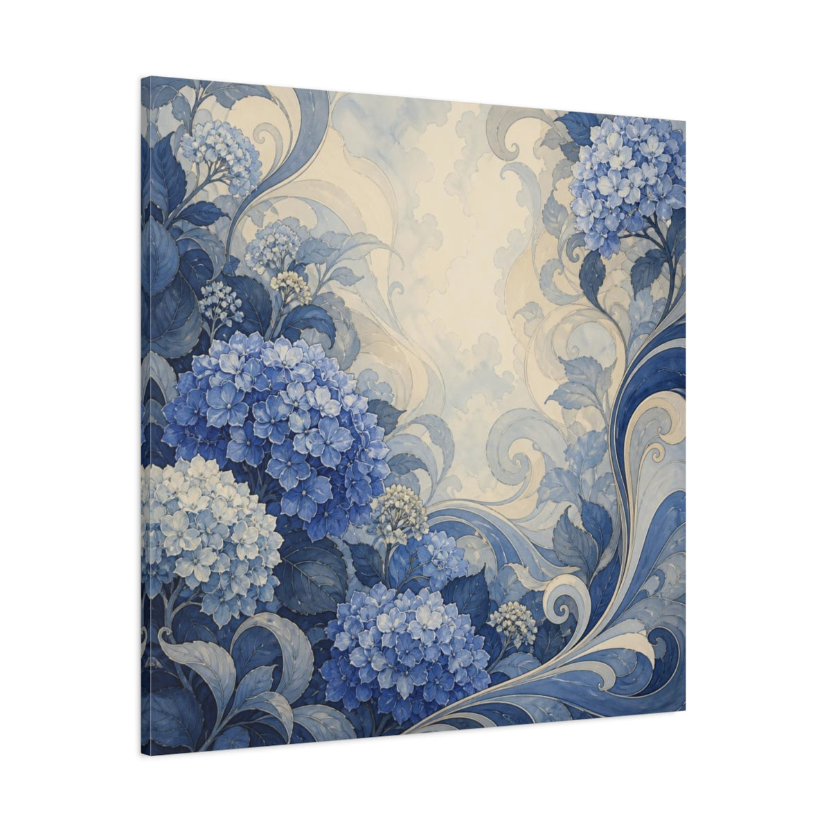 Side Mockup 1. Indigo Hydrangea Garden shown as canvas print