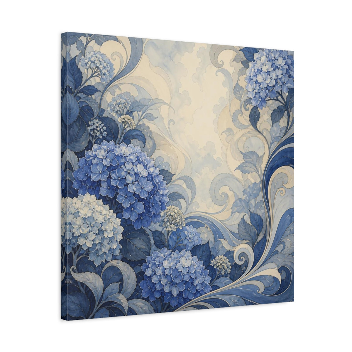 Side Mockup 4. Indigo Hydrangea Garden shown as canvas print