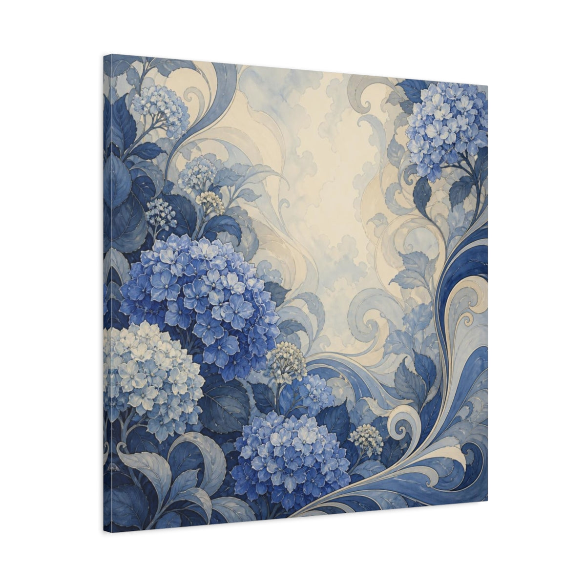 Side Mockup 3. Indigo Hydrangea Garden shown as canvas print