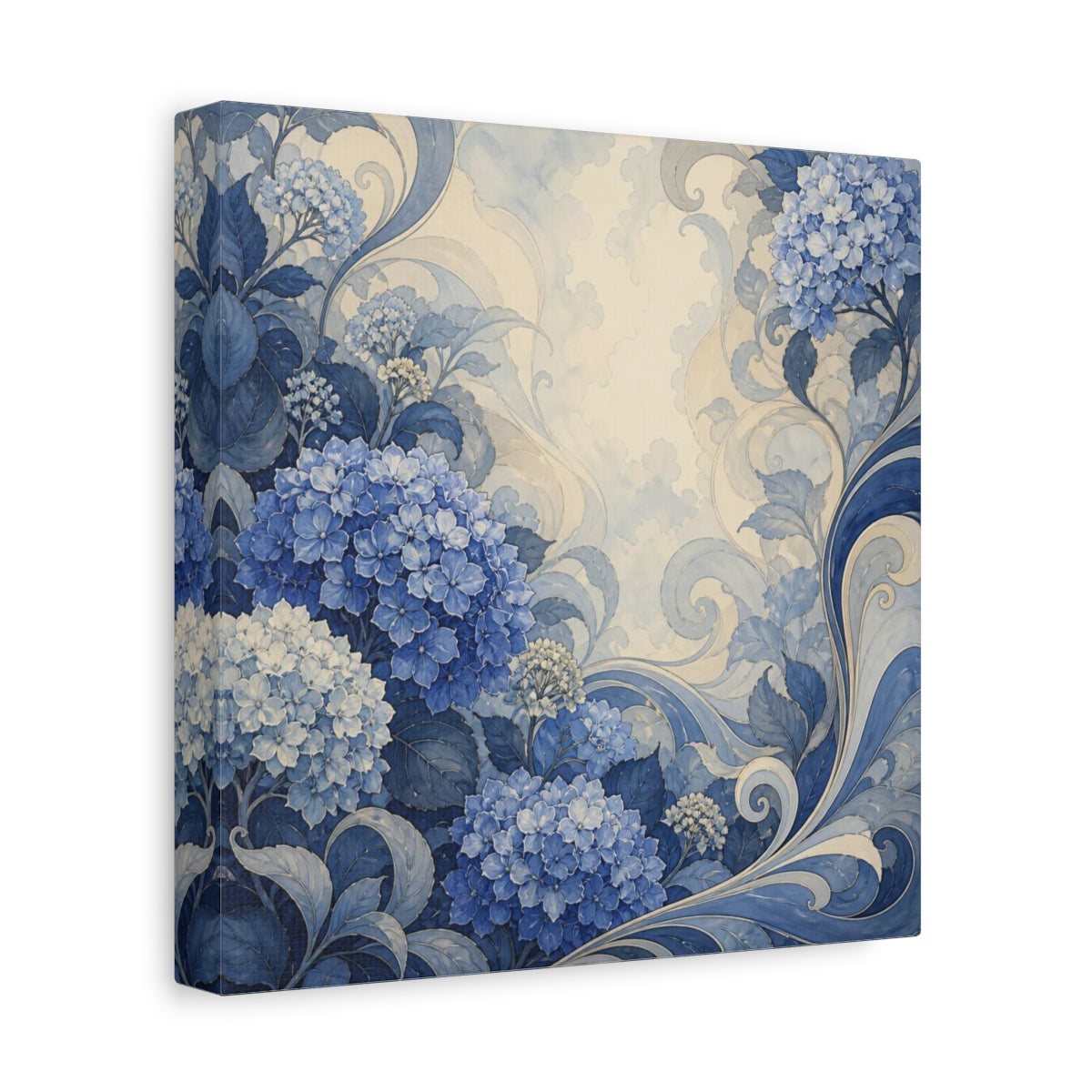 Side Mockup 9. Indigo Hydrangea Garden shown as canvas print