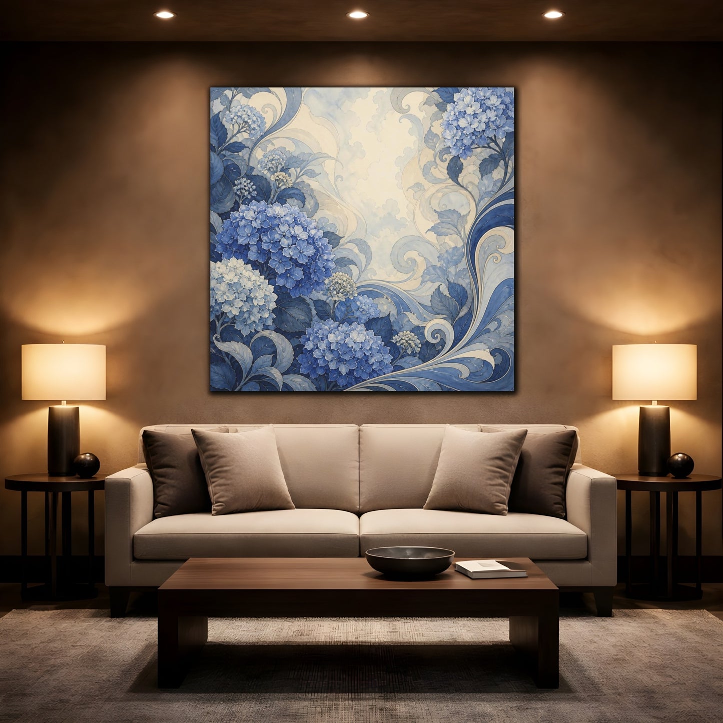 Mockup 2. Indigo Hydrangea Garden shown as canvas print