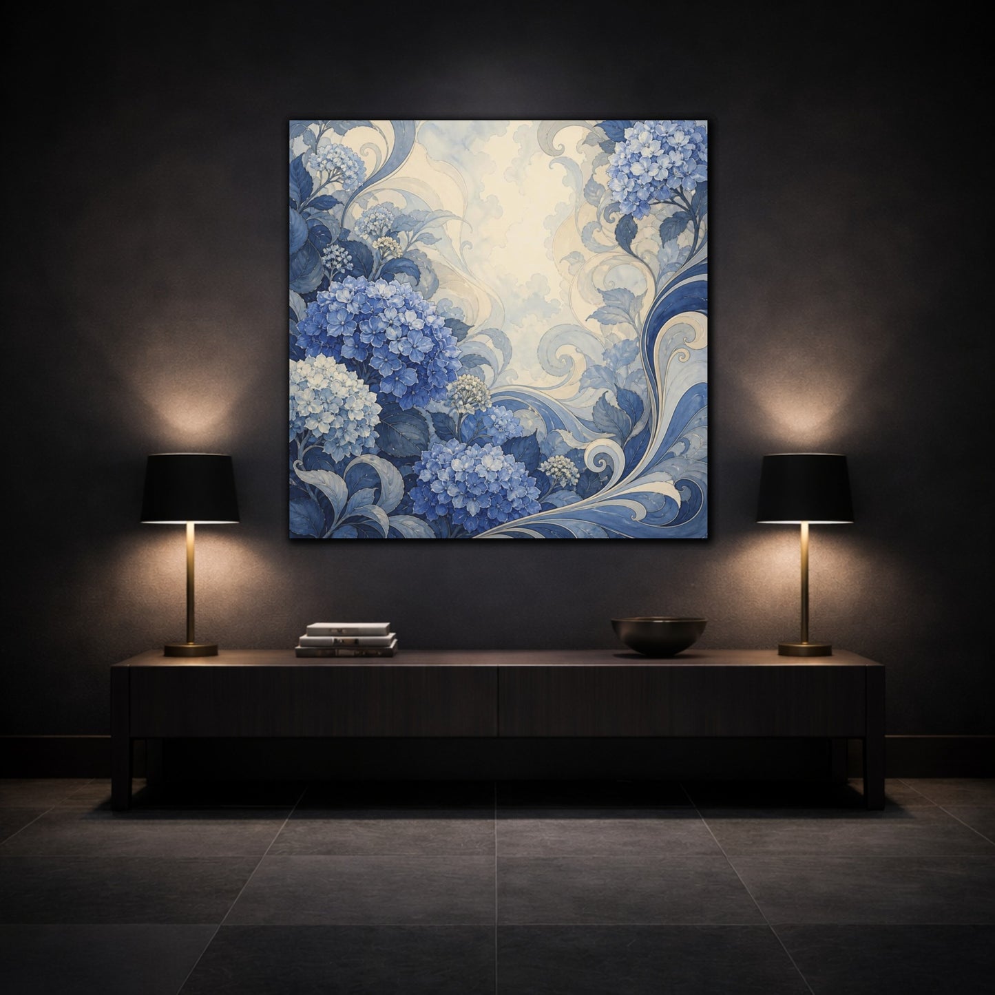 Mockup 3. Indigo Hydrangea Garden shown as canvas print