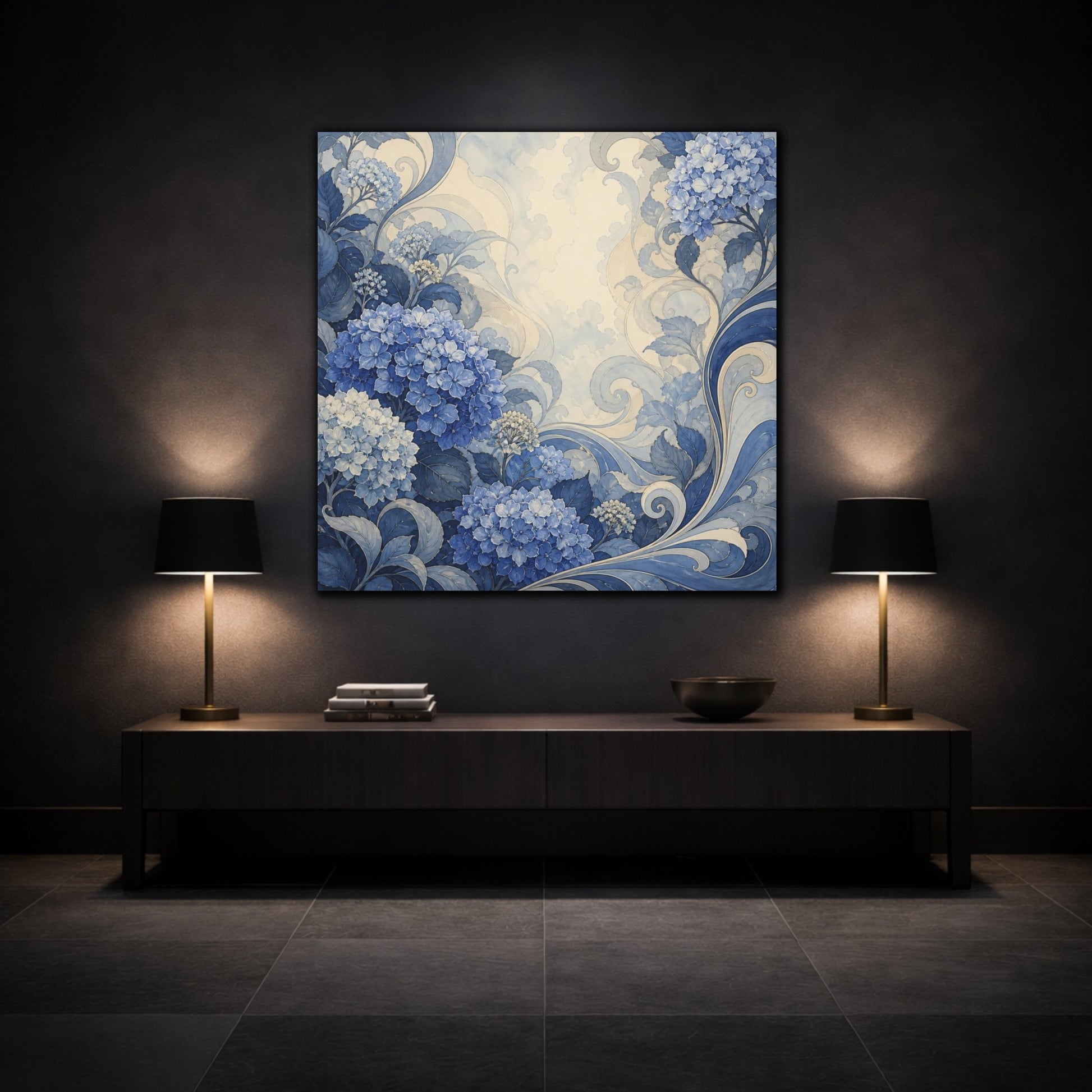 Mockup 3. Indigo Hydrangea Garden shown as canvas print