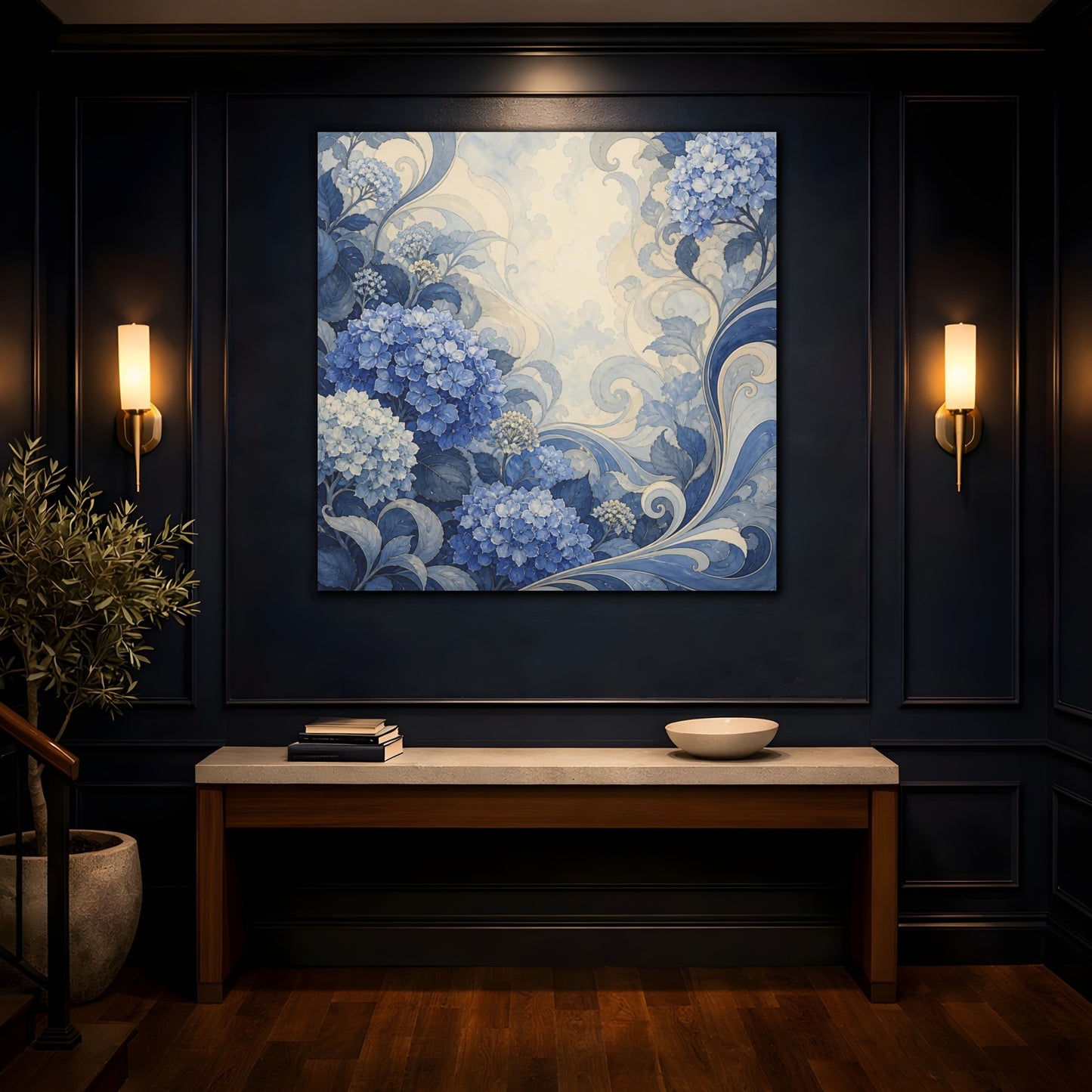 Mockup 4. Indigo Hydrangea Garden shown as canvas print
