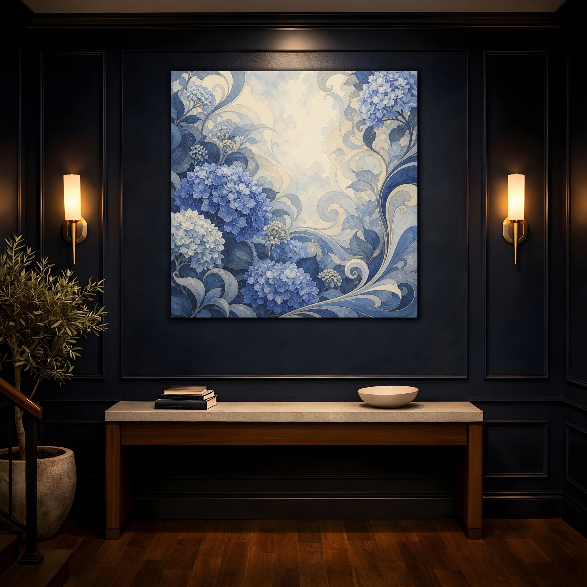 Mockup 4. Indigo Hydrangea Garden shown as canvas print