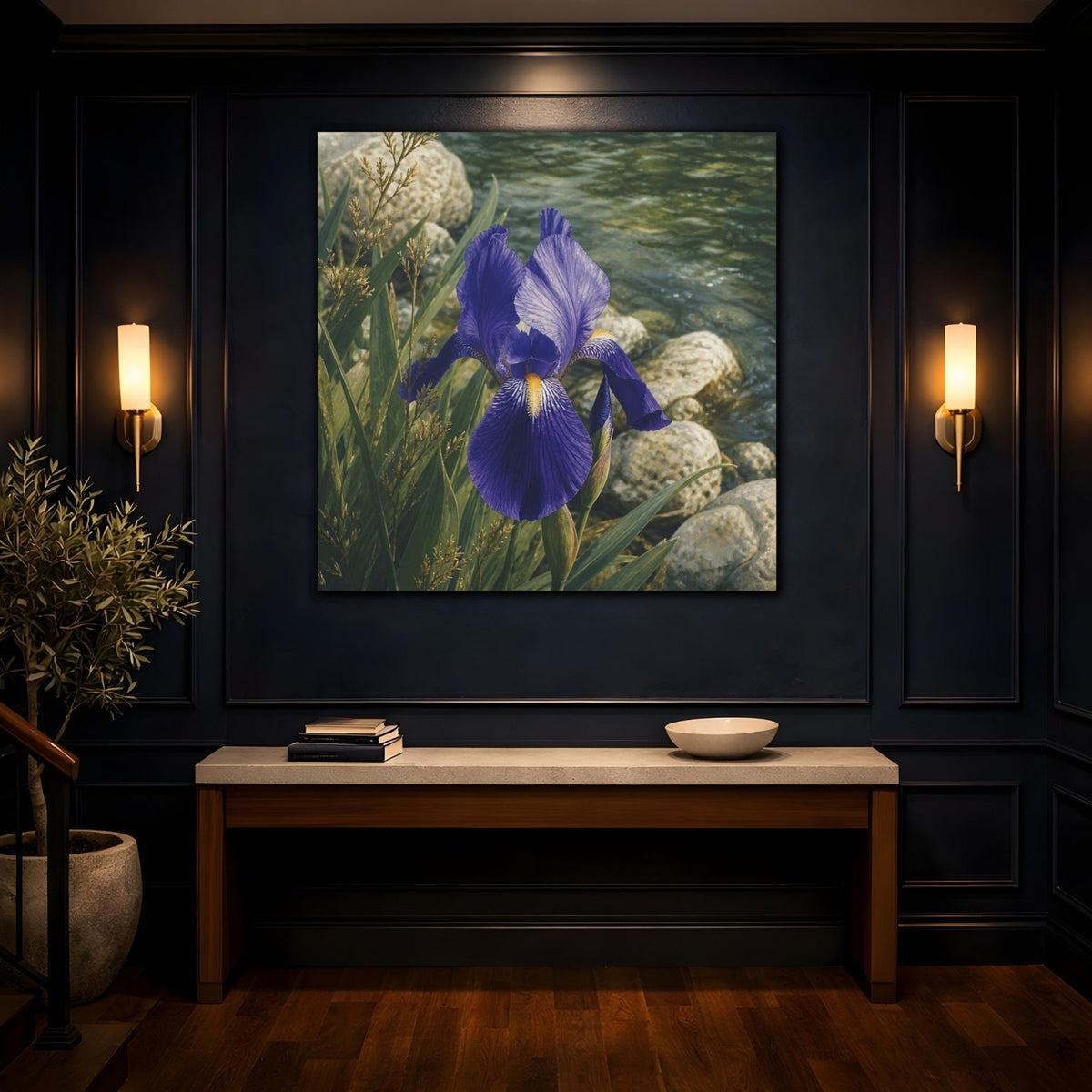 Indigo Iris Beside Stones Canvas Print – Living Room, Above Sofa, & Green - YesArtYes