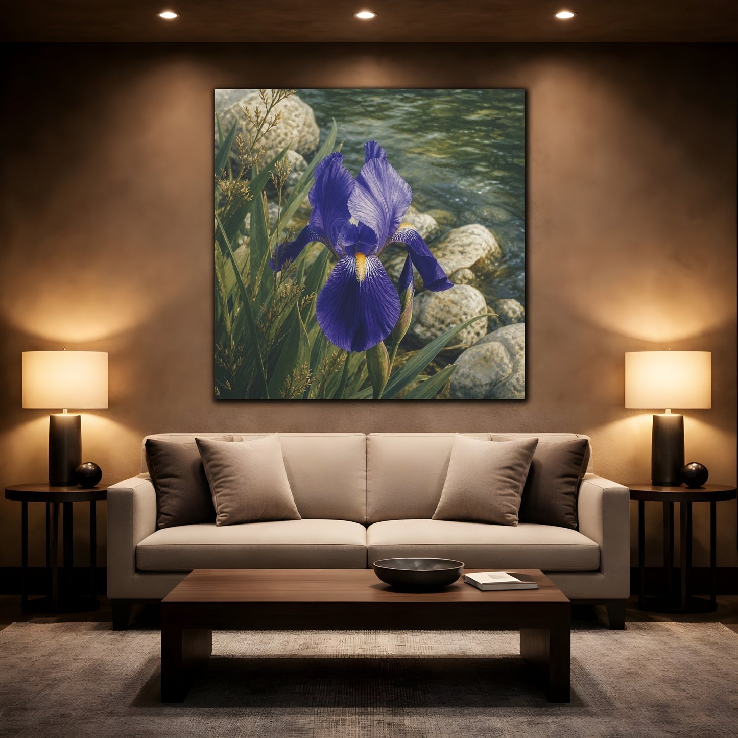 Mockup 2. Indigo Iris Beside Stones shown as canvas print