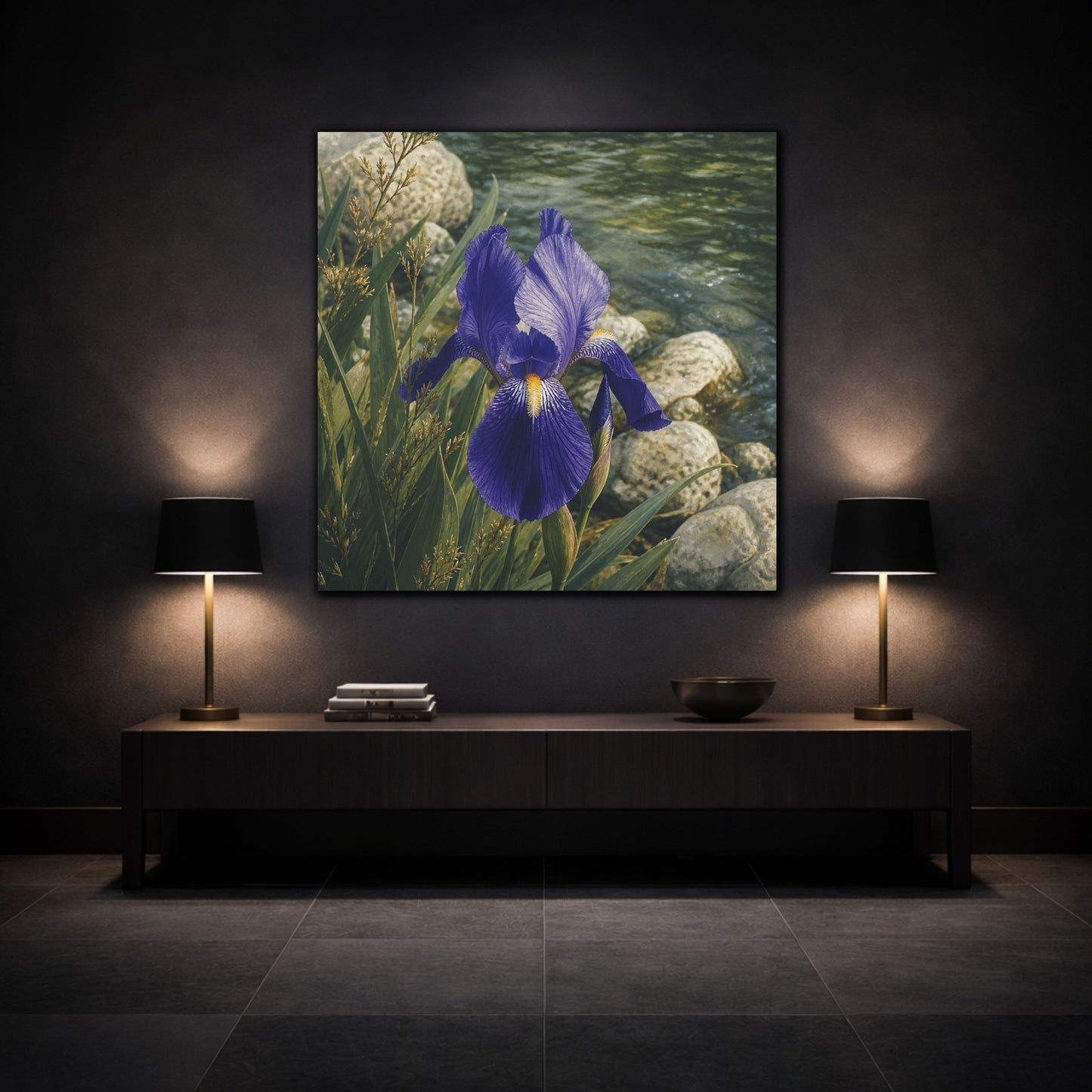 Mockup 3. Indigo Iris Beside Stones shown as canvas print