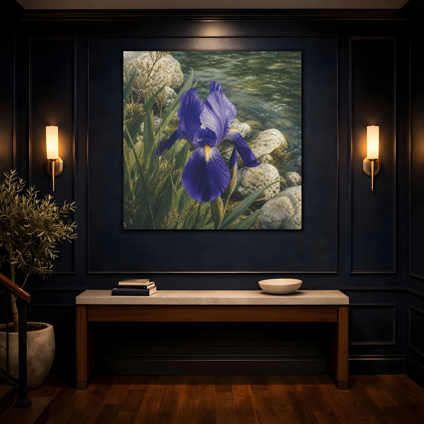 Mockup 4. Indigo Iris Beside Stones shown as canvas print