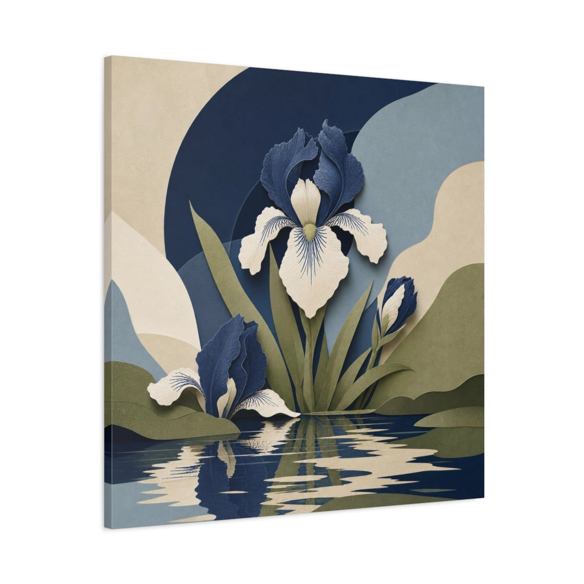 Main Mockup. Indigo Iris Reflection shown as canvas print