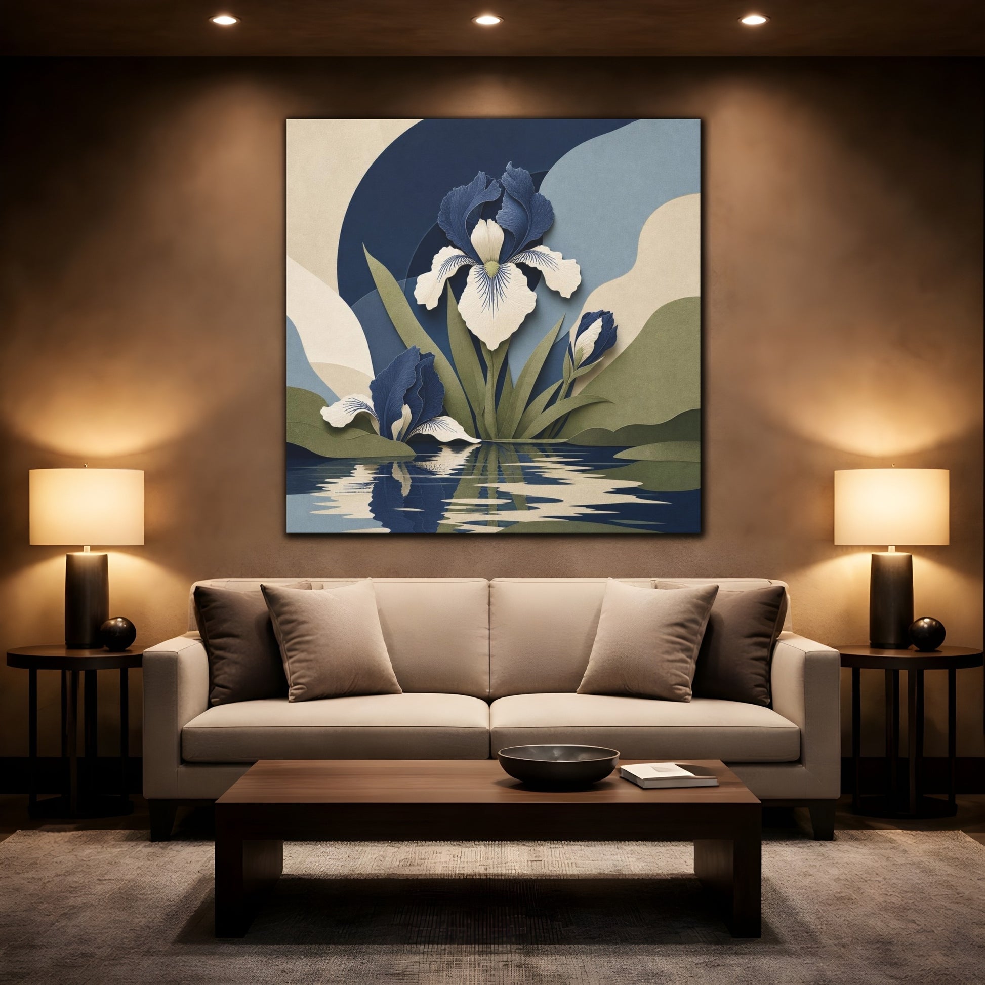 Mockup 2. Indigo Iris Reflection shown as canvas print