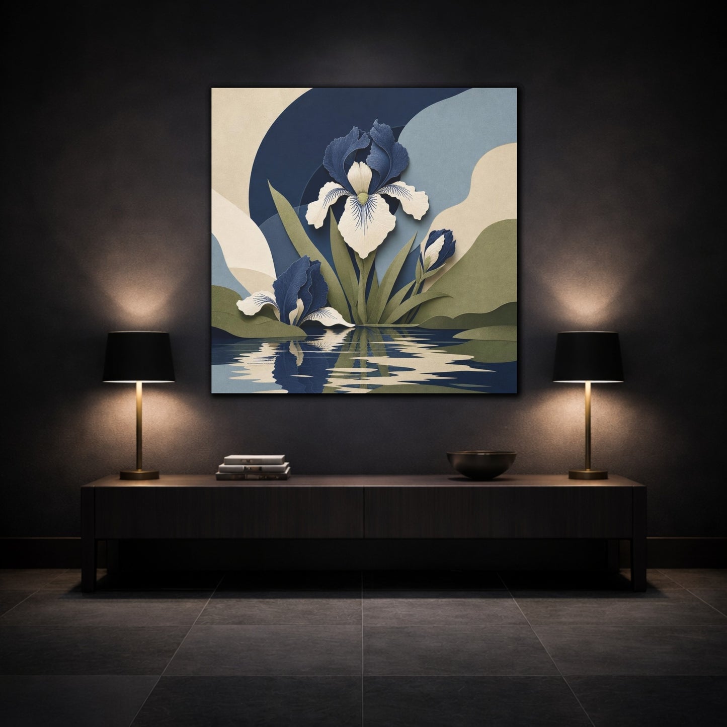 Mockup 3. Indigo Iris Reflection shown as canvas print
