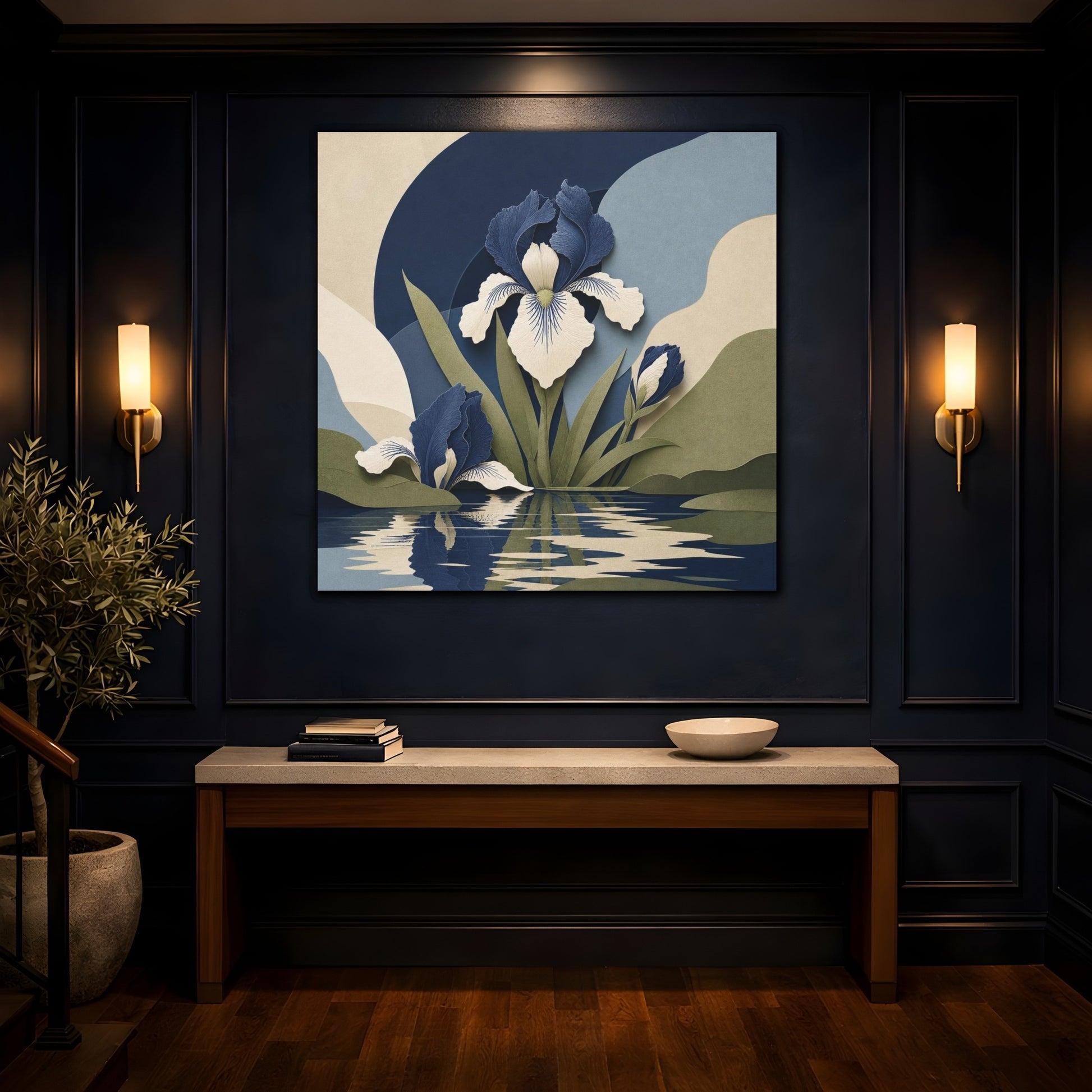 Mockup 4. Indigo Iris Reflection shown as canvas print