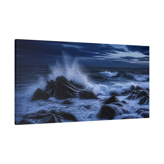Main Mockup. Indigo Sea Spray On Rocks shown as canvas print