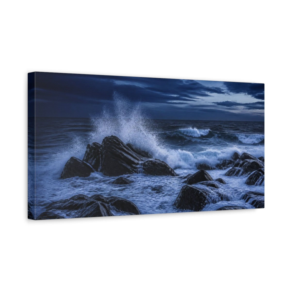 Side Mockup 3. Indigo Sea Spray On Rocks shown as canvas print