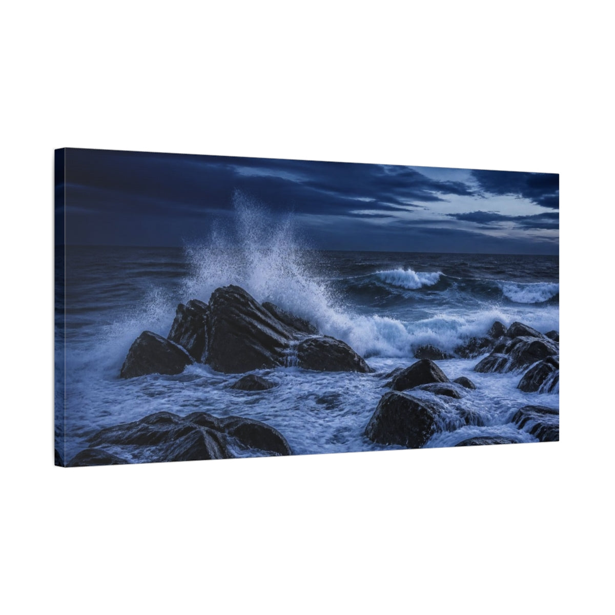 Side Mockup 1. Indigo Sea Spray On Rocks shown as canvas print