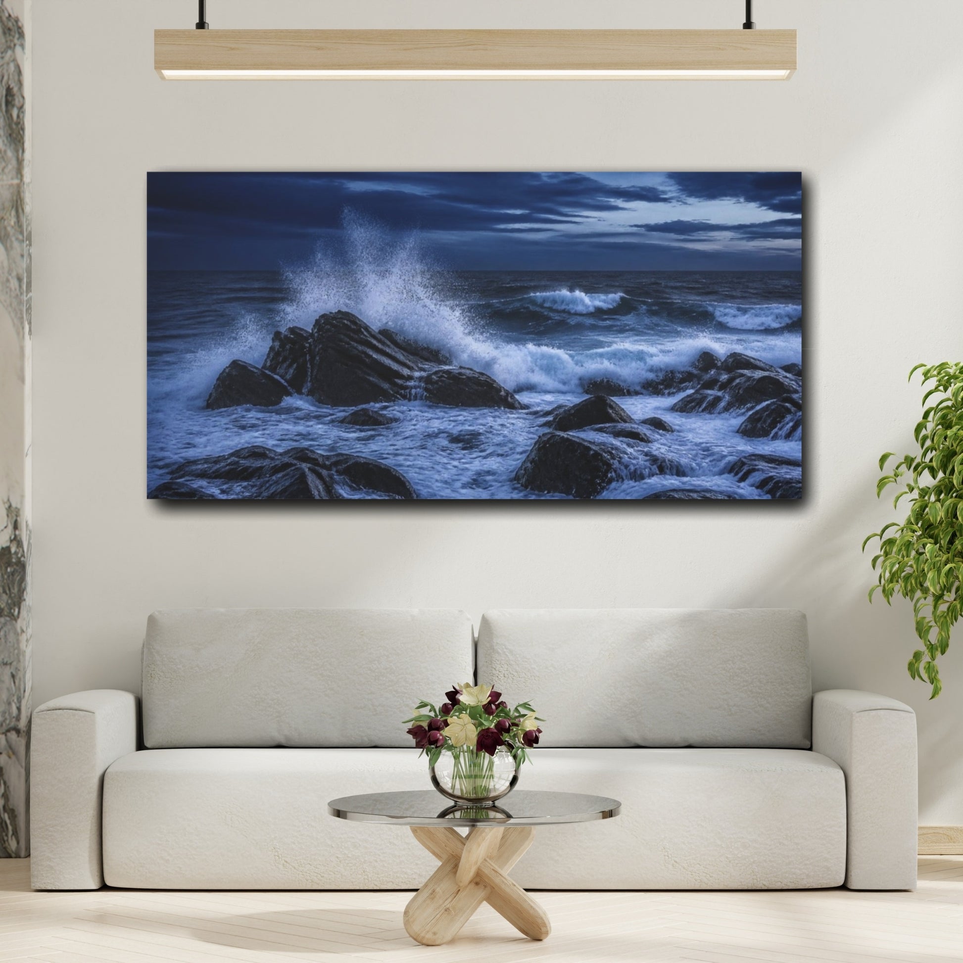 Mockup 2. Indigo Sea Spray On Rocks shown as canvas print