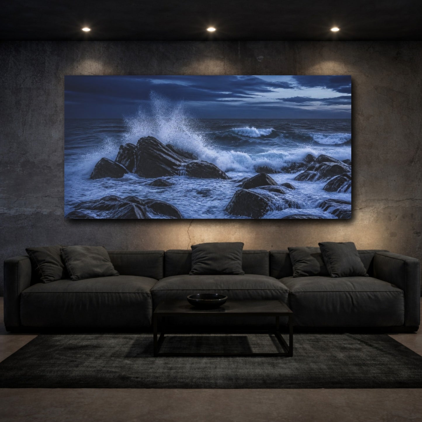Mockup 3. Indigo Sea Spray On Rocks shown as canvas print