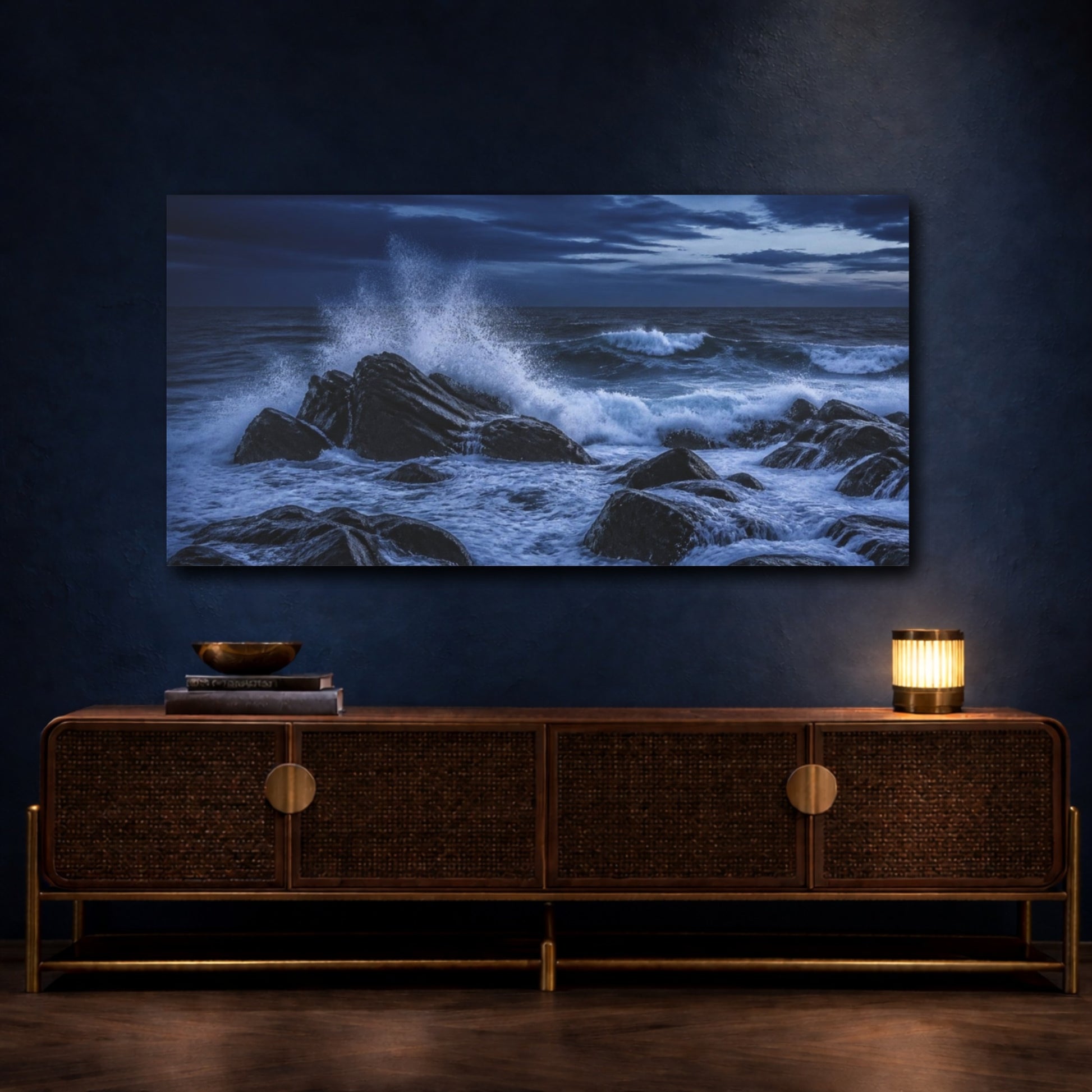 Mockup 4. Indigo Sea Spray On Rocks shown as canvas print