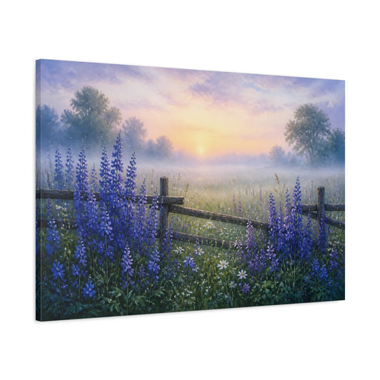 Main Mockup. Indigo Wildflowers At Sunrise shown as canvas print