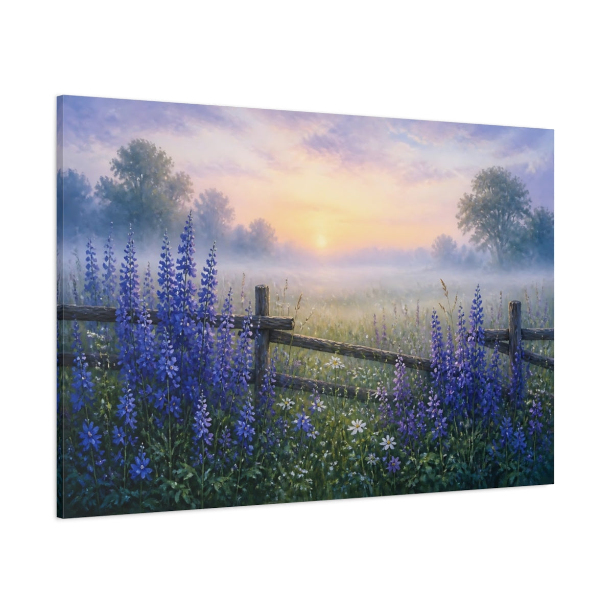 Side Mockup 1. Indigo Wildflowers At Sunrise shown as canvas print