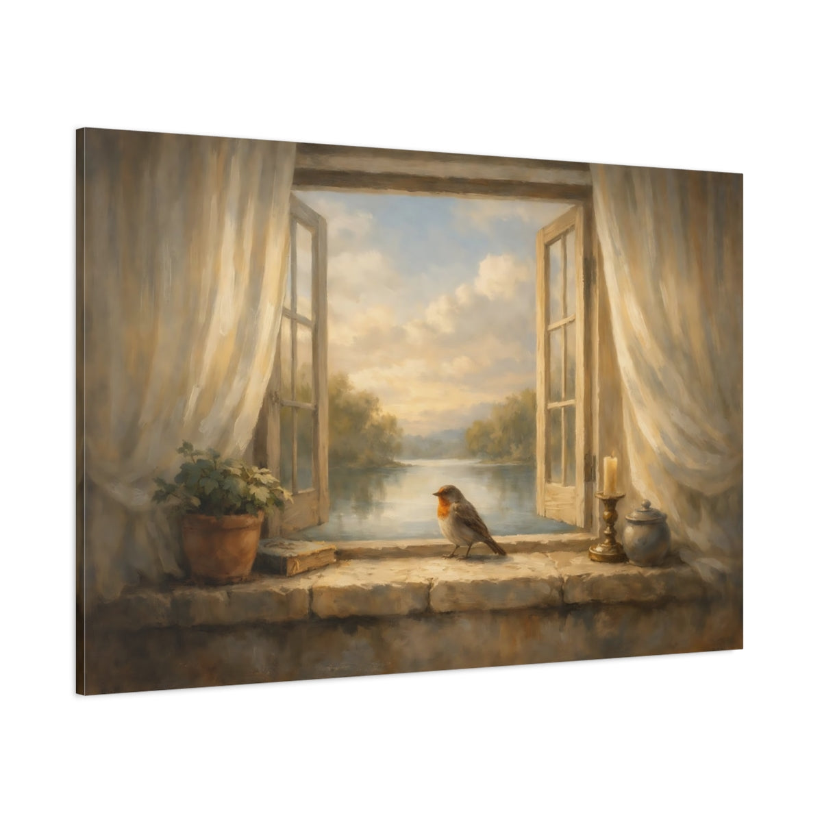 Main Mockup. Interior Style Bird Window Light Scene shown as stretched canvas wall art
