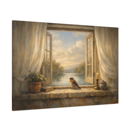 Main Mockup. Interior Style Bird Window Light Scene shown as stretched canvas wall art