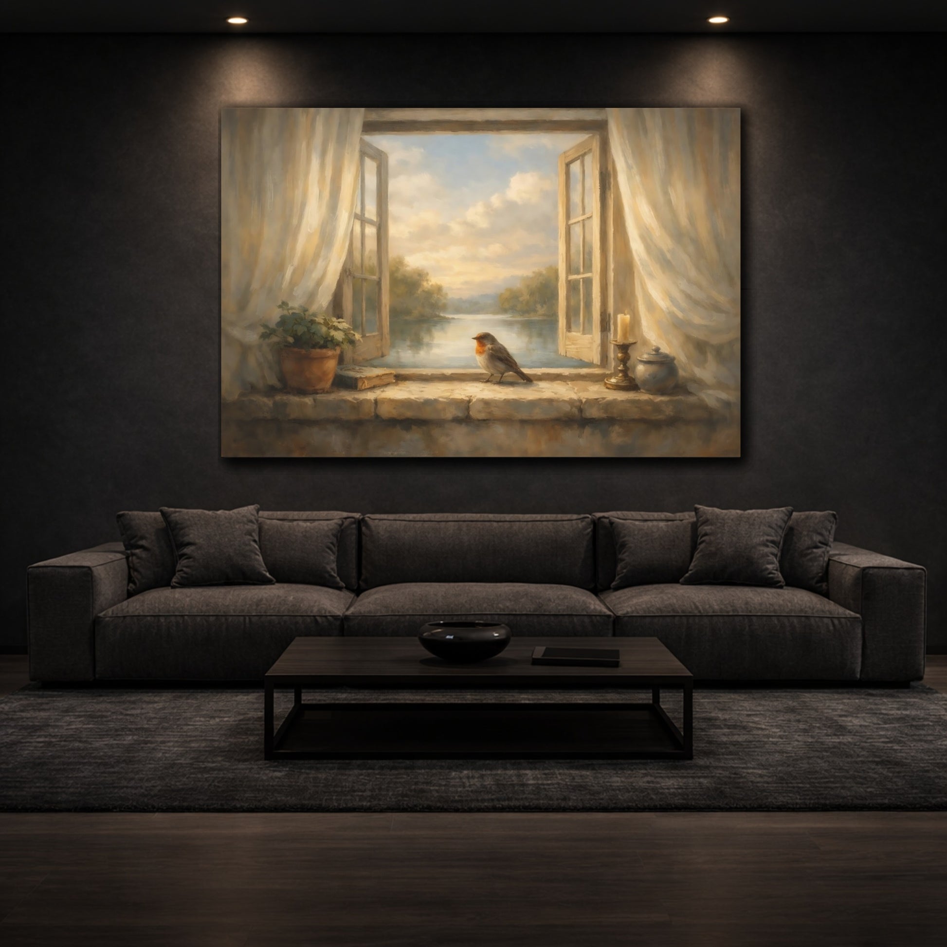 Mockup 2. Interior Style Bird Window Light Scene shown as stretched canvas wall art