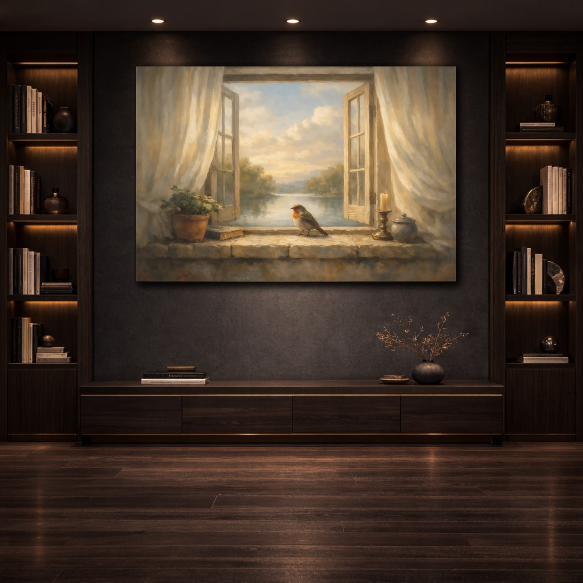 Mockup 3. Interior Style Bird Window Light Scene shown as stretched canvas wall art