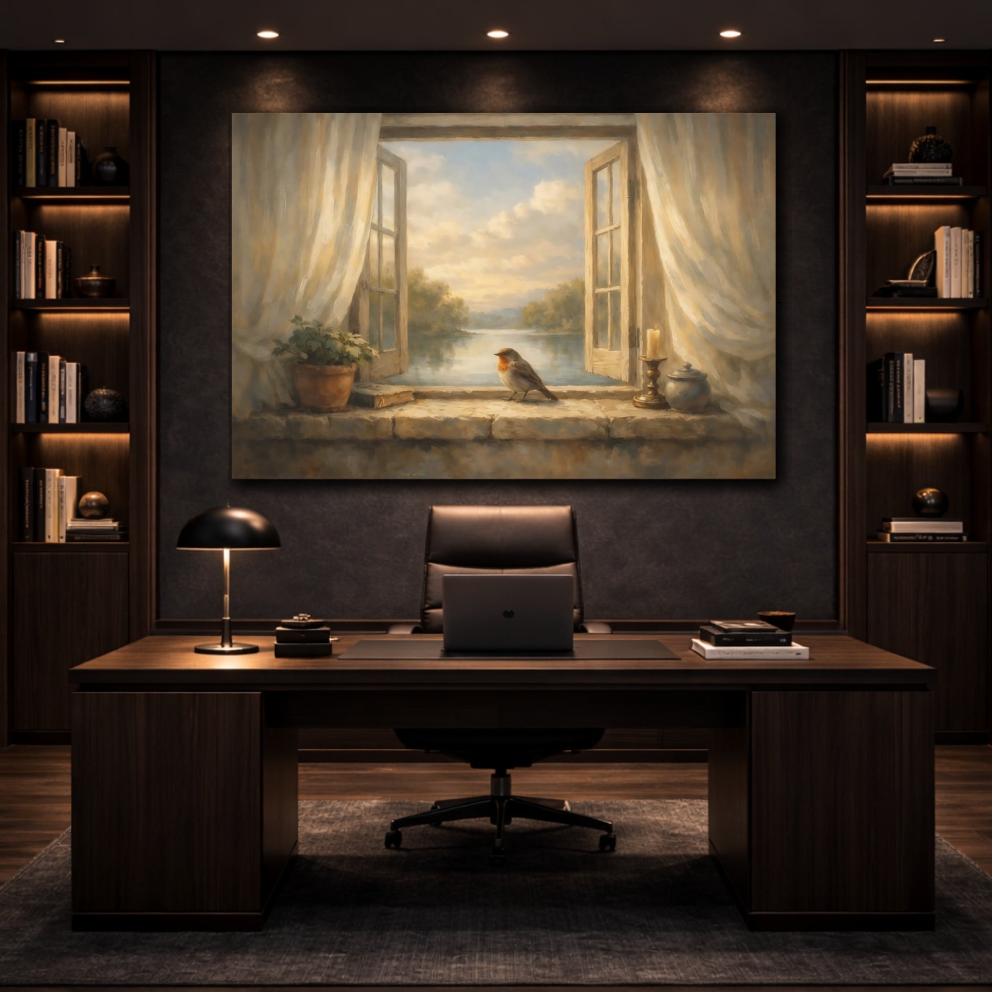 Mockup 4. Interior Style Bird Window Light Scene shown as stretched canvas wall art