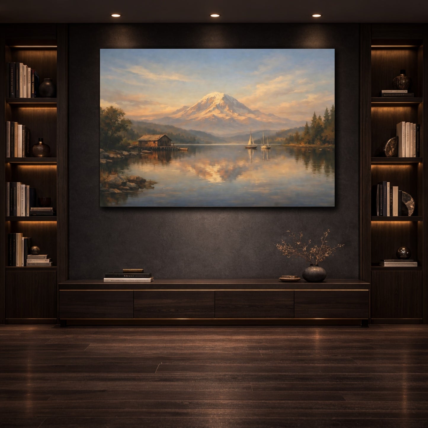 Mockup 3. Interior Style High Contrast Repetition Lines shown as stretched canvas wall art