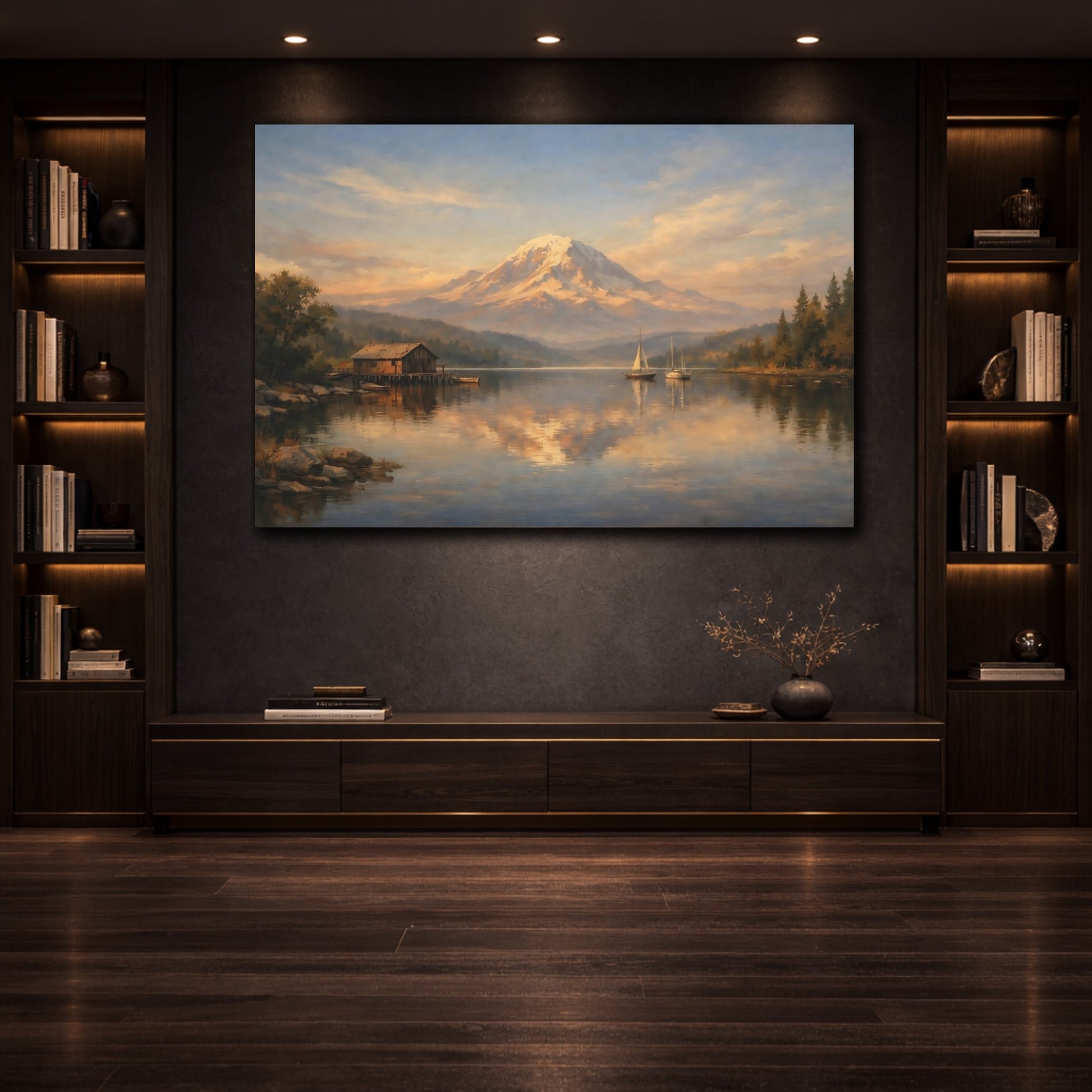 Mockup 3. Interior Style High Contrast Repetition Lines shown as stretched canvas wall art