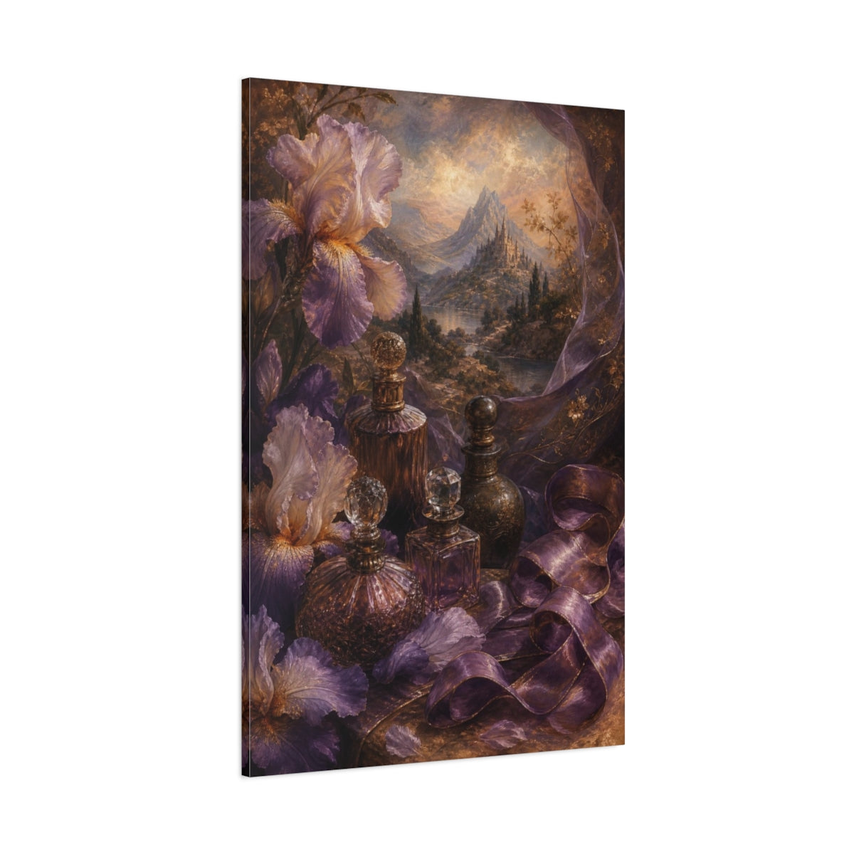 Side Mockup 1. Iris And Antique Perfumes shown as canvas print